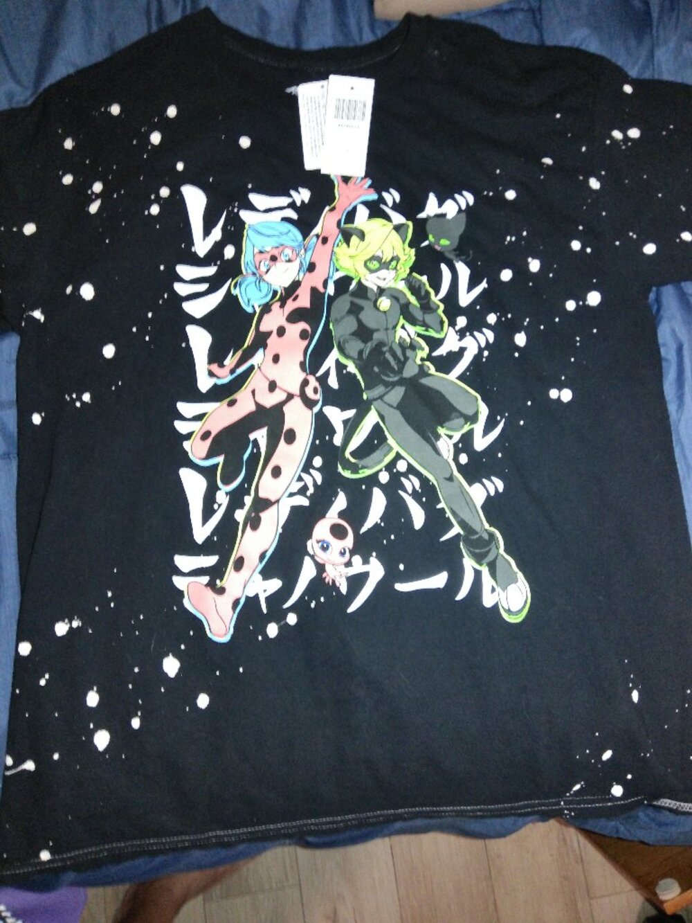 Large Miraculous Lady Bug & Cat Noir Short Sleeve Shirt-NWT